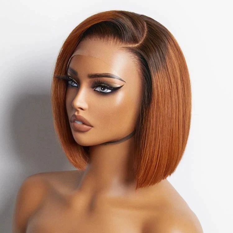 Bob Wig Human Hair 13x4 HD  7inch straight Bob 100%human hair Lace Frontal Short Straight Lace Front Bob Wigs for Black Women Human Hair Pre Plucked Glueless Side Part 180% Density Ombre Ginger Brown