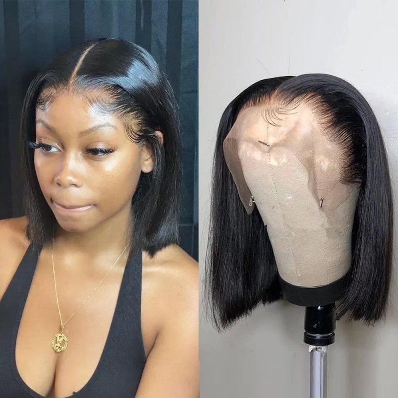 Lace Front Bob Wigs Human Hair 200 Density HD Transparent Lace Bob Wig for Women 16 inch Short Straight Bob Lace Frontal Wigs Glueless Pre Plucked With Baby Hair Straight Bob Wig Natural Color
