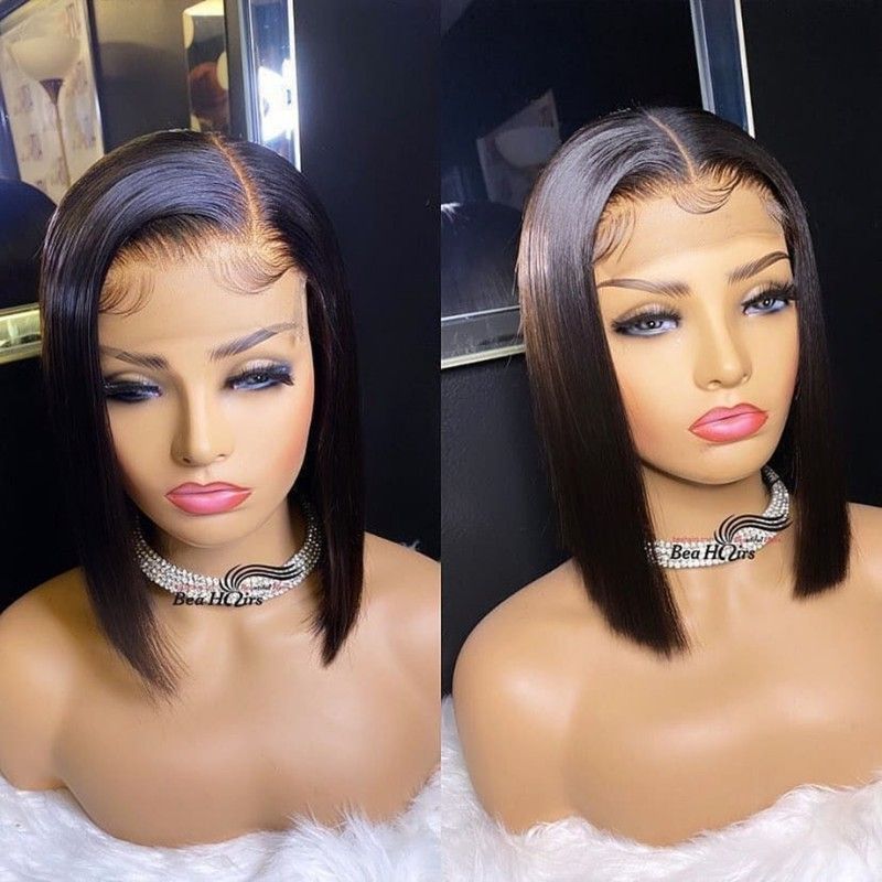 Lace Front Bob Wigs Human Hair 200 Density HD Transparent Lace Bob Wig for Women 16 inch Short Straight Bob Lace Frontal Wigs Glueless Pre Plucked With Baby Hair Straight Bob Wig Natural Color
