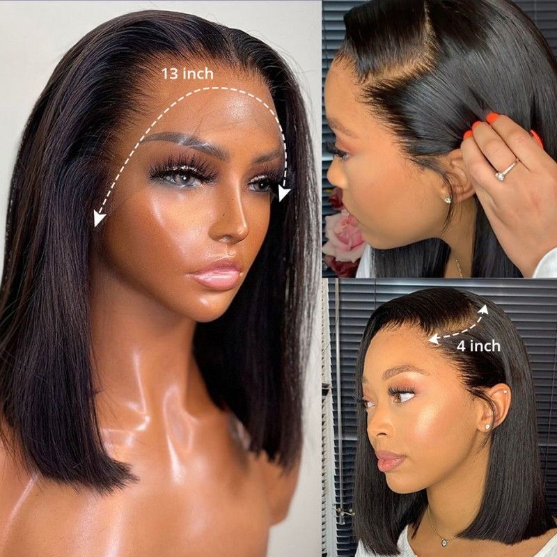 Lace Front Bob Wigs Human Hair 200 Density HD Transparent Lace Bob Wig for Women 16 inch Short Straight Bob Lace Frontal Wigs Glueless Pre Plucked With Baby Hair Straight Bob Wig Natural Color