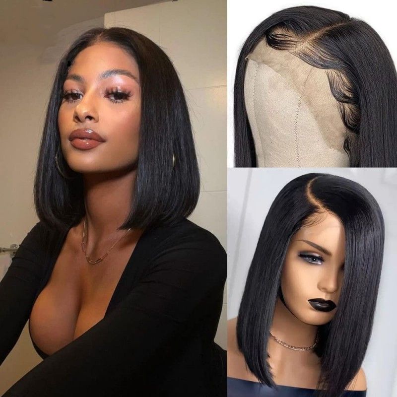 Lace Front Bob Wigs Human Hair 200 Density HD Transparent Lace Bob Wig for Women 16 inch Short Straight Bob Lace Frontal Wigs Glueless Pre Plucked With Baby Hair Straight Bob Wig Natural Color