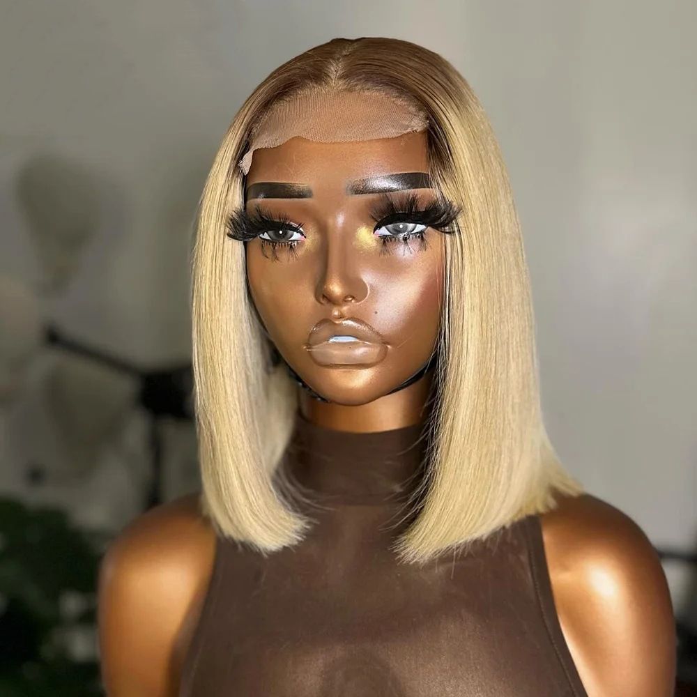Ash Blonde Short Bob Wig Human Hair 180% Denstiy 13x4 HD Lace Front Human Hair Wig for Women Ombre Ash Blonde Glueless Straight Bob Wig with Dark Roots Invisible Knots 10 Inch