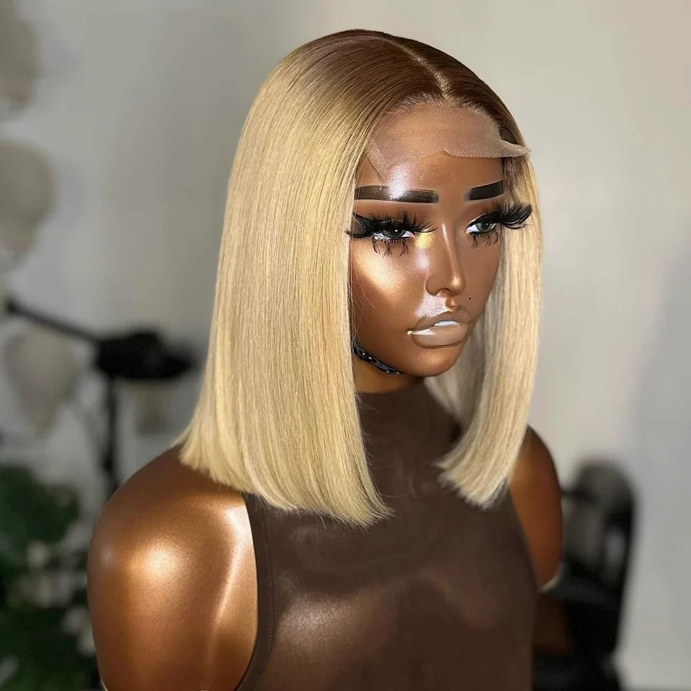 Ash Blonde Short Bob Wig Human Hair 180% Denstiy 13x4 HD Lace Front Human Hair Wig for Women Ombre Ash Blonde Glueless Straight Bob Wig with Dark Roots Invisible Knots 10 Inch
