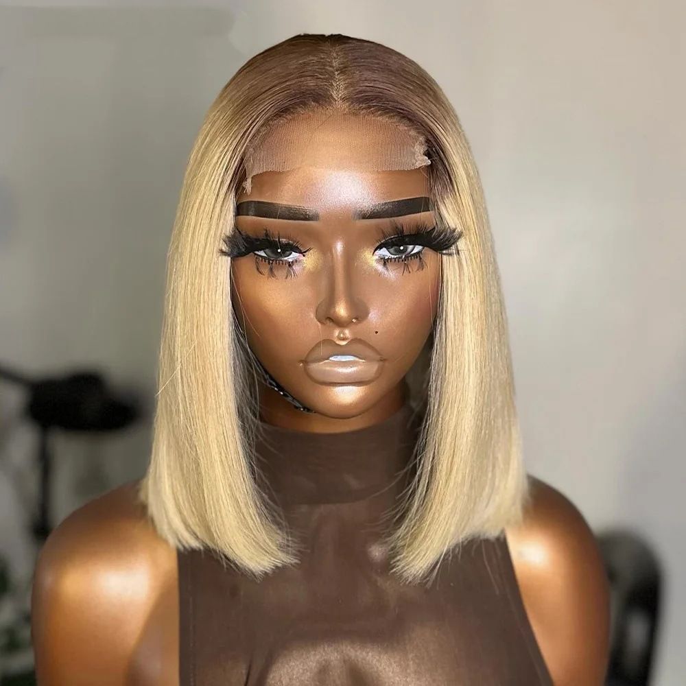 Ash Blonde Short Bob Wig Human Hair 180% Denstiy 13x4 HD Lace Front Human Hair Wig for Women Ombre Ash Blonde Glueless Straight Bob Wig with Dark Roots Invisible Knots 10 Inch