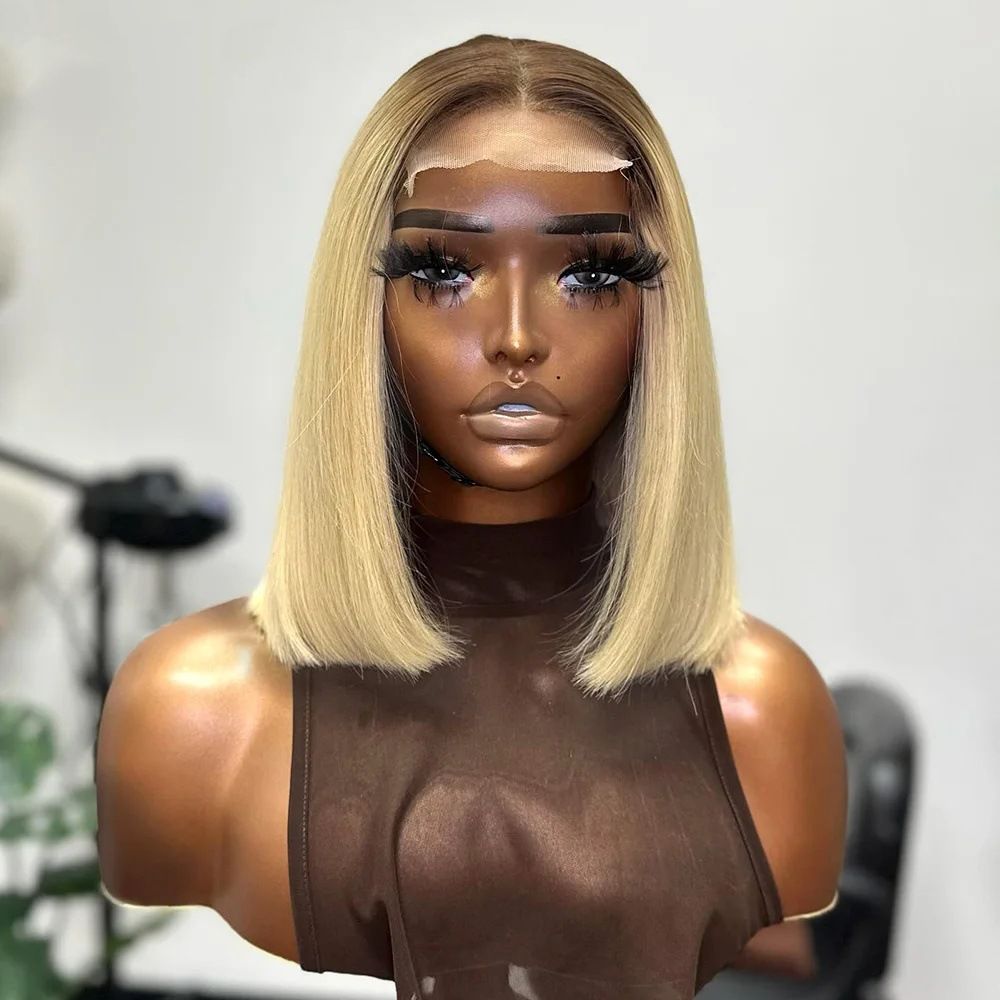 Ash Blonde Short Bob Wig Human Hair 180% Denstiy 13x4 HD Lace Front Human Hair Wig for Women Ombre Ash Blonde Glueless Straight Bob Wig with Dark Roots Invisible Knots 10 Inch
