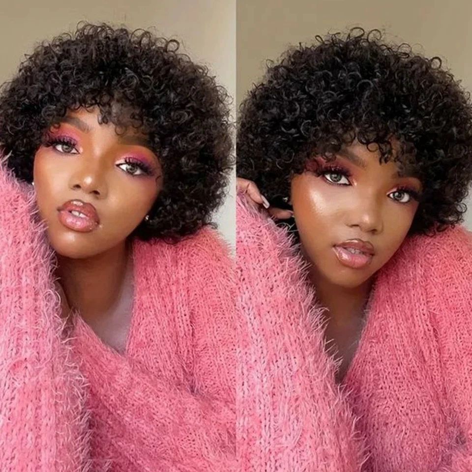 Human Hair Short Curly Wigs for Black Women Afro Natural Curly Human Hair Wig Pixie Cut Wig Human Hair With Bangs 150% Density Brazilian Virgin None Lace Front Bob Wigs