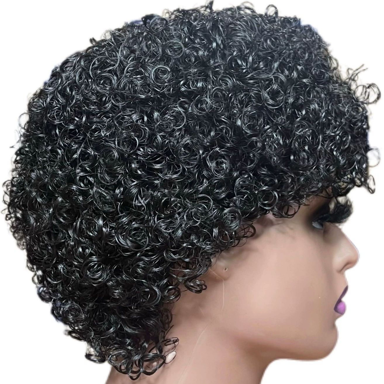 Human Hair Short Curly Wigs for Black Women Afro Natural Curly Human Hair Wig Pixie Cut Wig Human Hair With Bangs 150% Density Brazilian Virgin None Lace Front Bob Wigs