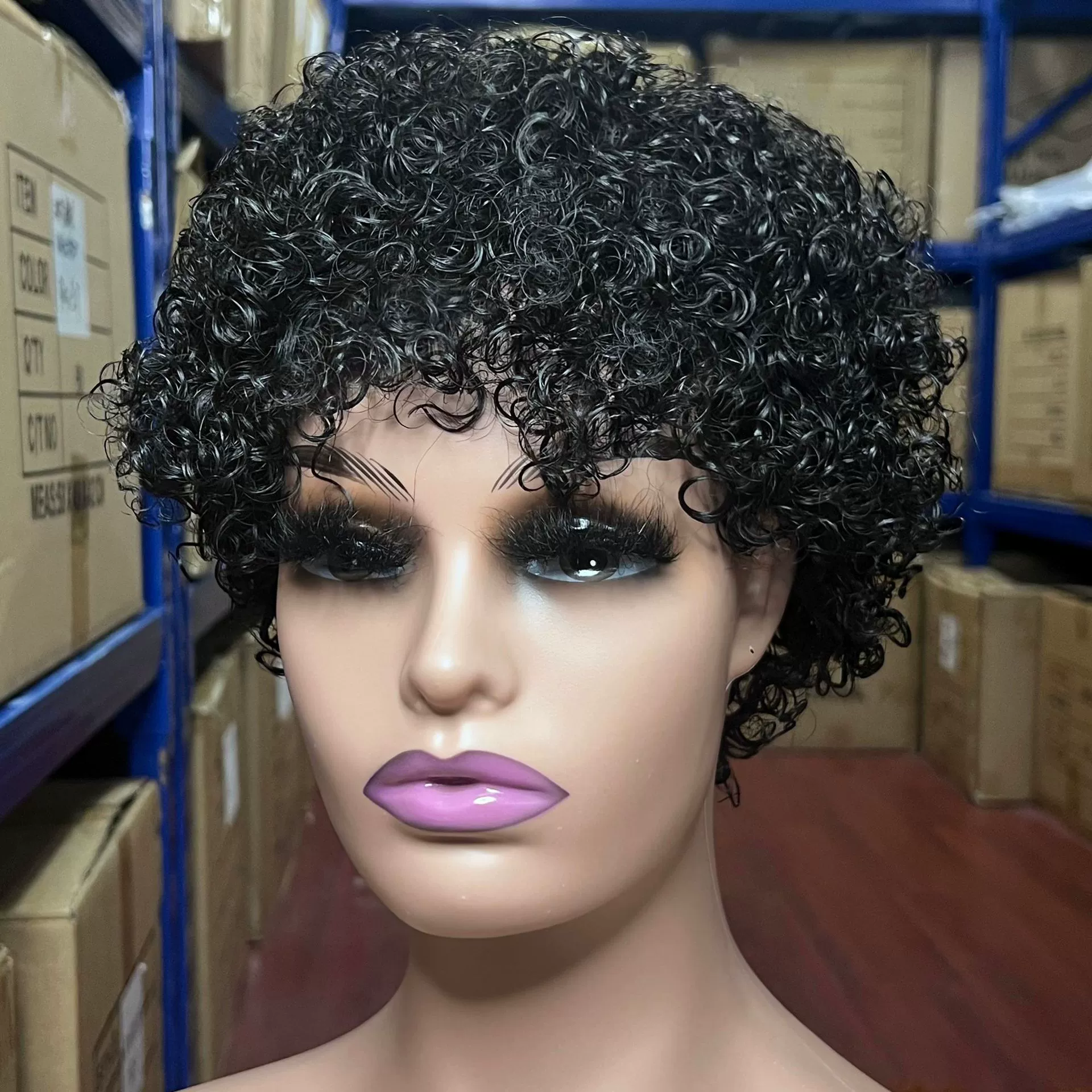 Human Hair Short Curly Wigs for Black Women Afro Natural Curly Human Hair Wig Pixie Cut Wig Human Hair With Bangs 150% Density Brazilian Virgin None Lace Front Bob Wigs