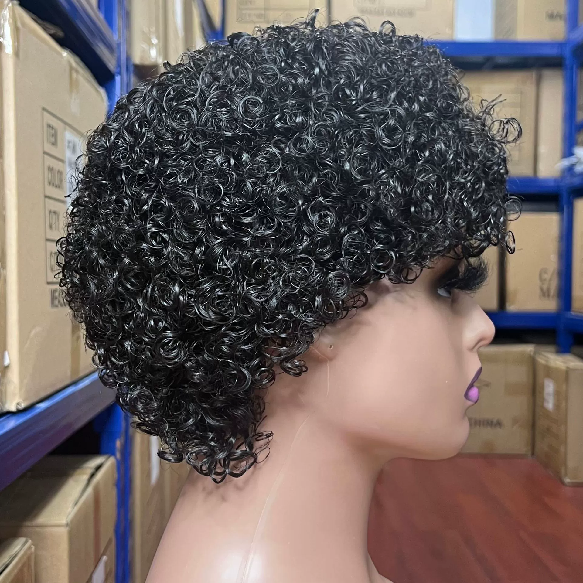 Human Hair Short Curly Wigs for Black Women Afro Natural Curly Human Hair Wig Pixie Cut Wig Human Hair With Bangs 150% Density Brazilian Virgin None Lace Front Bob Wigs