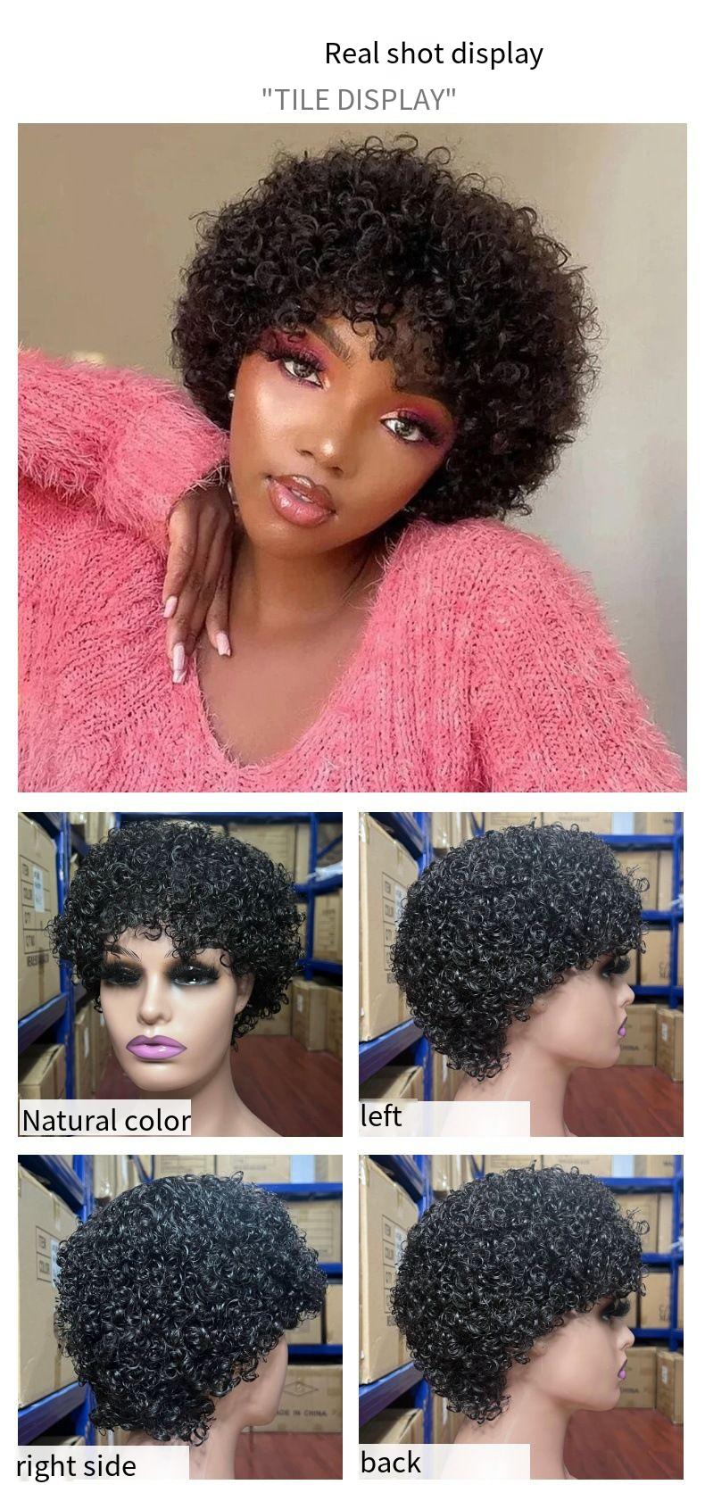 Human Hair Short Curly Wigs for Black Women Afro Natural Curly Human Hair Wig Pixie Cut Wig Human Hair With Bangs 150% Density Brazilian Virgin None Lace Front Bob Wigs