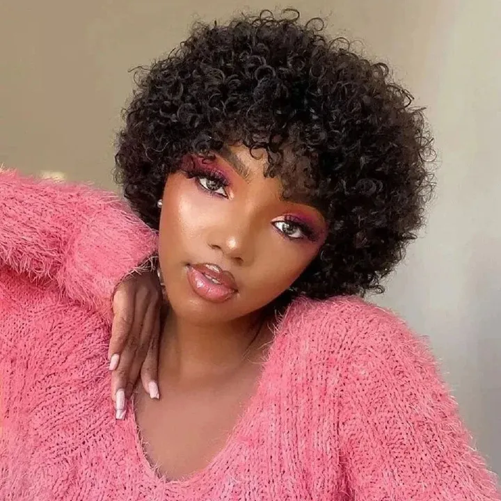 Human Hair Short Curly Wigs for Black Women Afro Natural Curly Human Hair Wig Pixie Cut Wig Human Hair With Bangs 150% Density Brazilian Virgin None Lace Front Bob Wigs