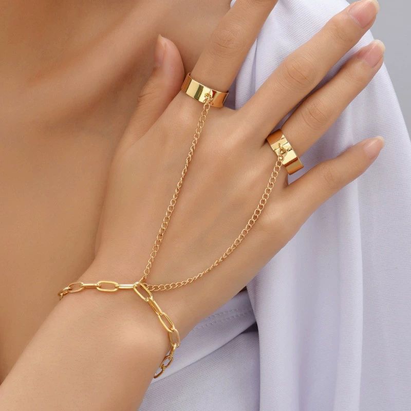 Gold Hand Chain Bracelet for Women Trendy, Dainty 14k Gold Ring Bracelet Hand Chain Finger Ring Slave Cuff Bracelet Cubic Alloy Gold Bracelets Jewelry Accessories for Women