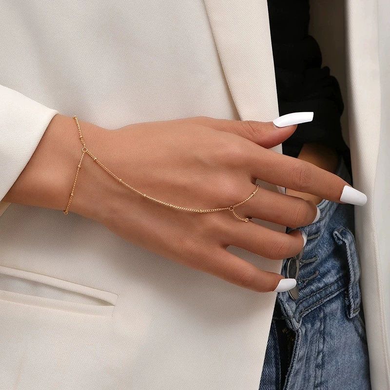 Gold Hand Chain Bracelet for Women Trendy, Dainty 14k Gold Ring Bracelet Hand Chain Finger Ring Slave Cuff Bracelet Cubic Alloy Gold Bracelets Jewelry Accessories for Women
