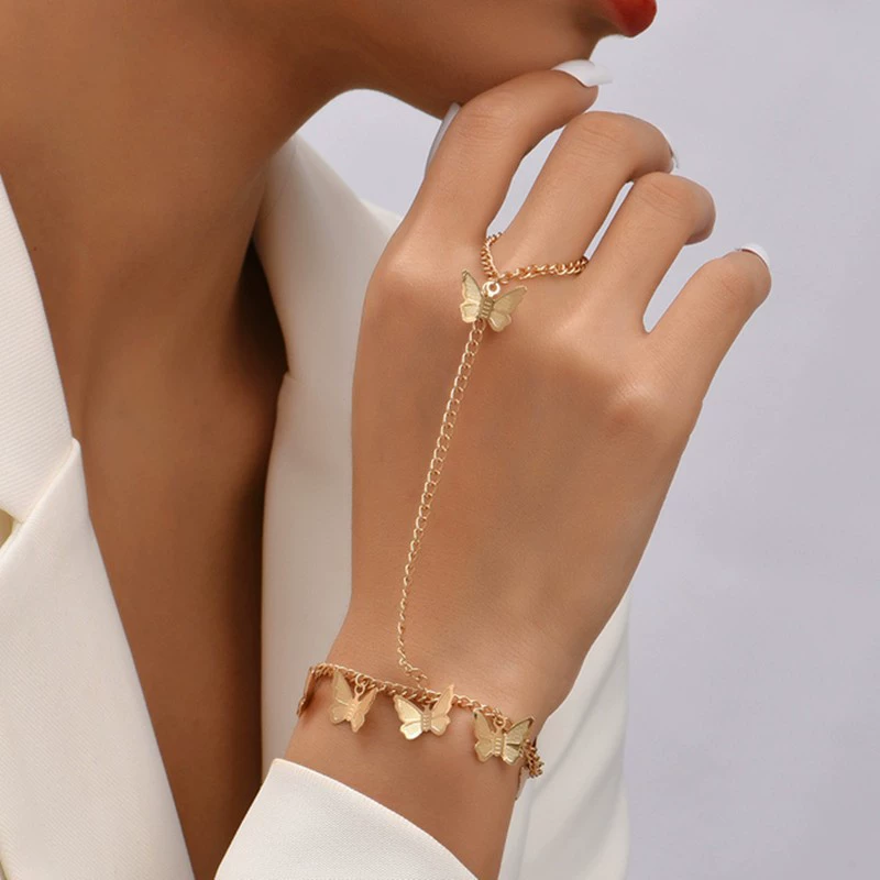 Gold Hand Chain Bracelet for Women Trendy, Dainty 14k Gold Ring Bracelet Hand Chain Finger Ring Slave Cuff Bracelet Cubic Alloy Gold Bracelets Jewelry Accessories for Women