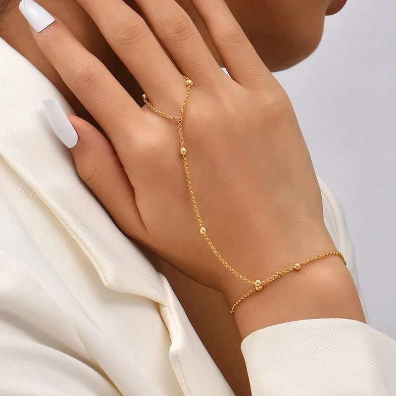 Gold Hand Chain Bracelet for Women Trendy, Dainty 14k Gold Ring Bracelet Hand Chain Finger Ring Slave Cuff Bracelet Cubic Alloy Gold Bracelets Jewelry Accessories for Women