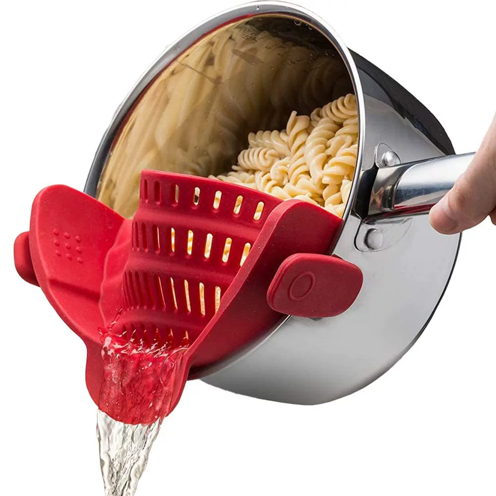 Clip On Strainer Silicone for All Pots and Pans, Pasta Strainer Clip on Food Strainer for Meat Vegetables Fruit Silicone Kitchen Colander (Gray)