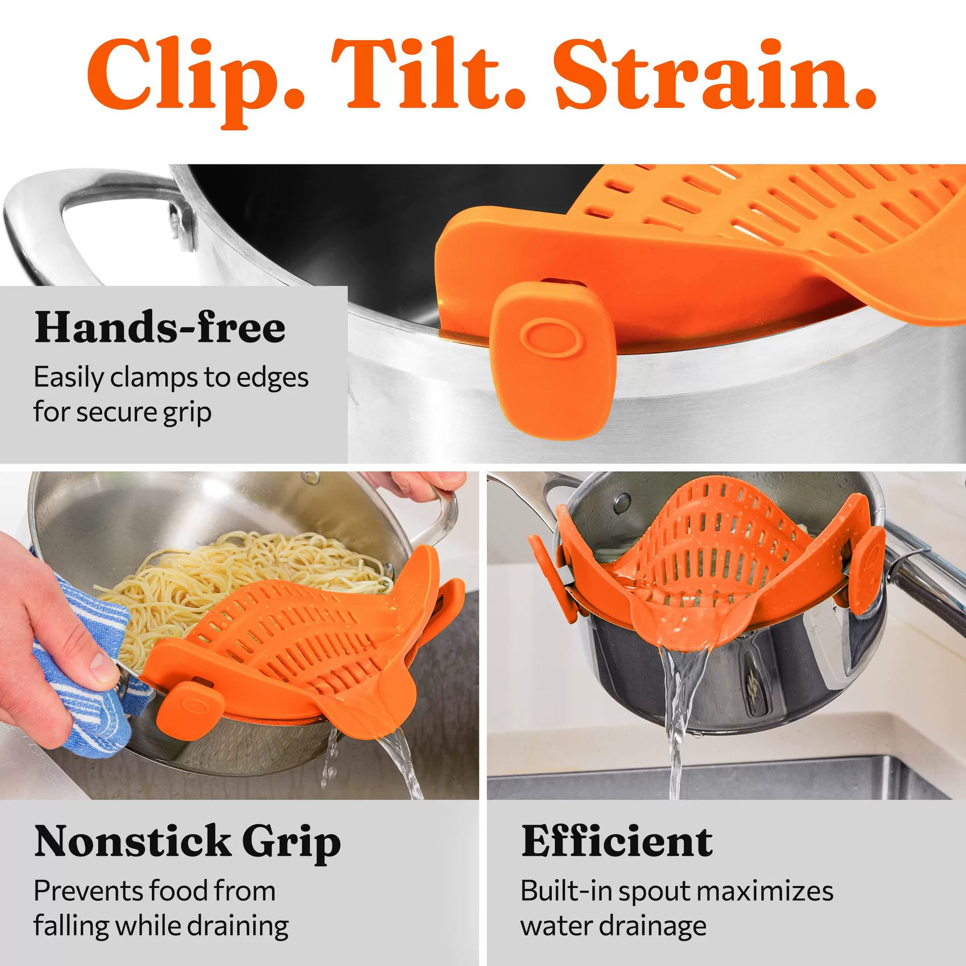 Clip On Strainer Silicone for All Pots and Pans, Pasta Strainer Clip on Food Strainer for Meat Vegetables Fruit Silicone Kitchen Colander (Gray)