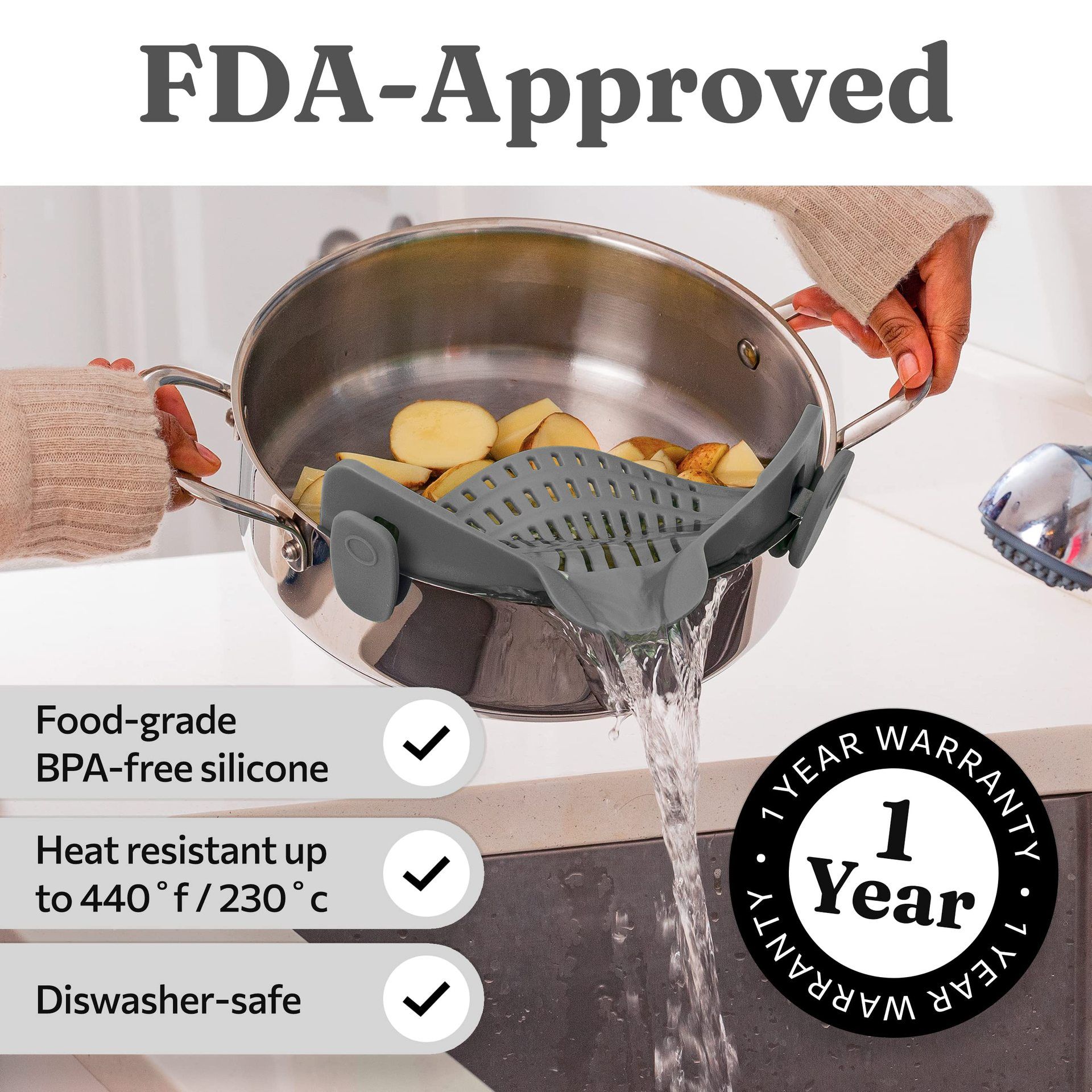 Clip On Strainer Silicone for All Pots and Pans, Pasta Strainer Clip on Food Strainer for Meat Vegetables Fruit Silicone Kitchen Colander (Gray)