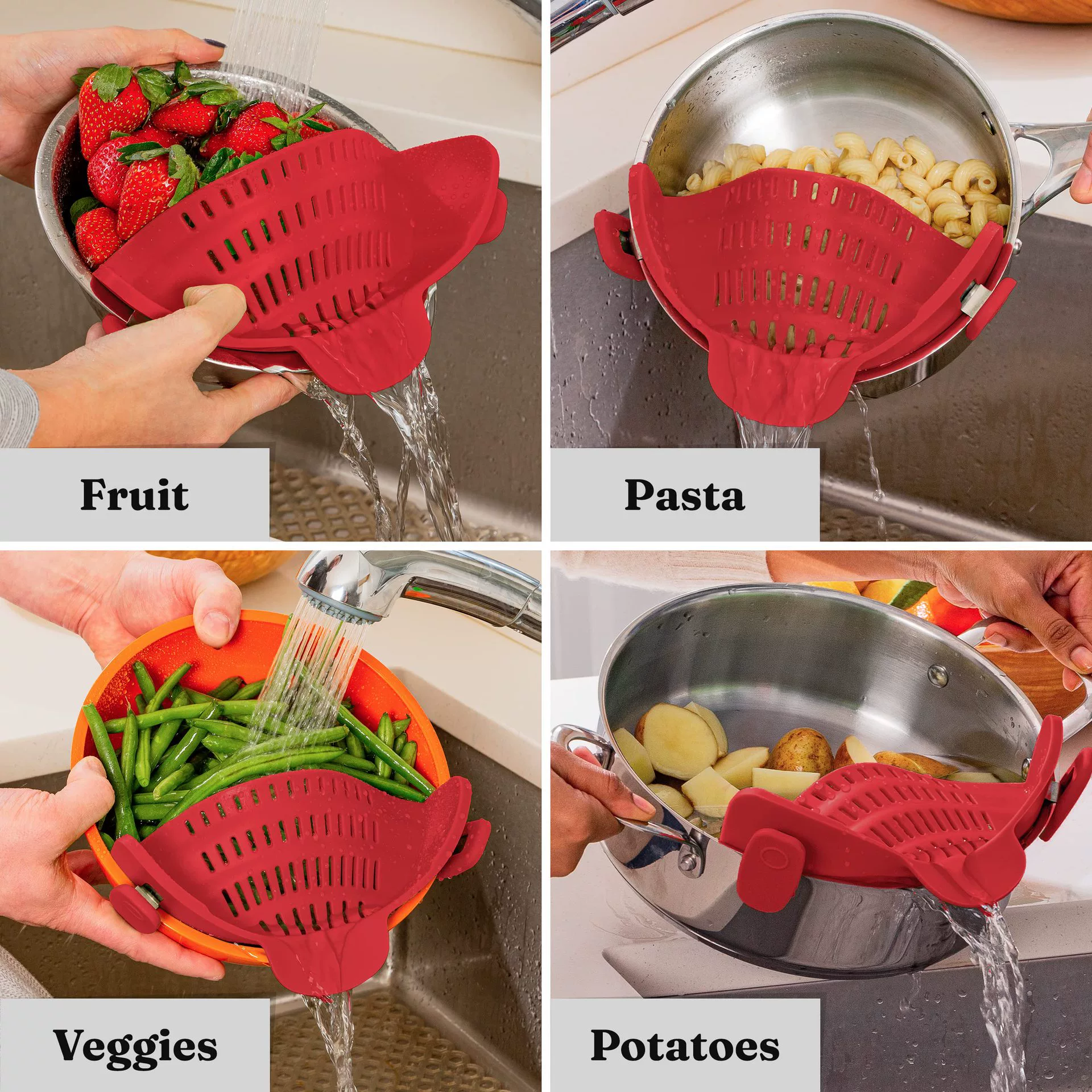 Clip On Strainer Silicone for All Pots and Pans, Pasta Strainer Clip on Food Strainer for Meat Vegetables Fruit Silicone Kitchen Colander (Gray)