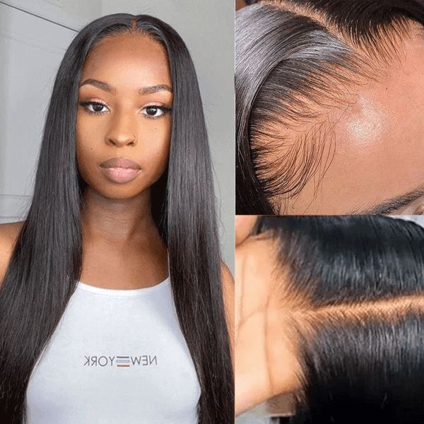 30 Inch 13x6 Straight Lace Front Wigs Thin HD Synthetic Human Hair  Glueless Pre Plucked Bleached Tiny Knots Full Lace Frontal Wig Upgraded 14A Soft Hair 200 Dentisty Black Wig