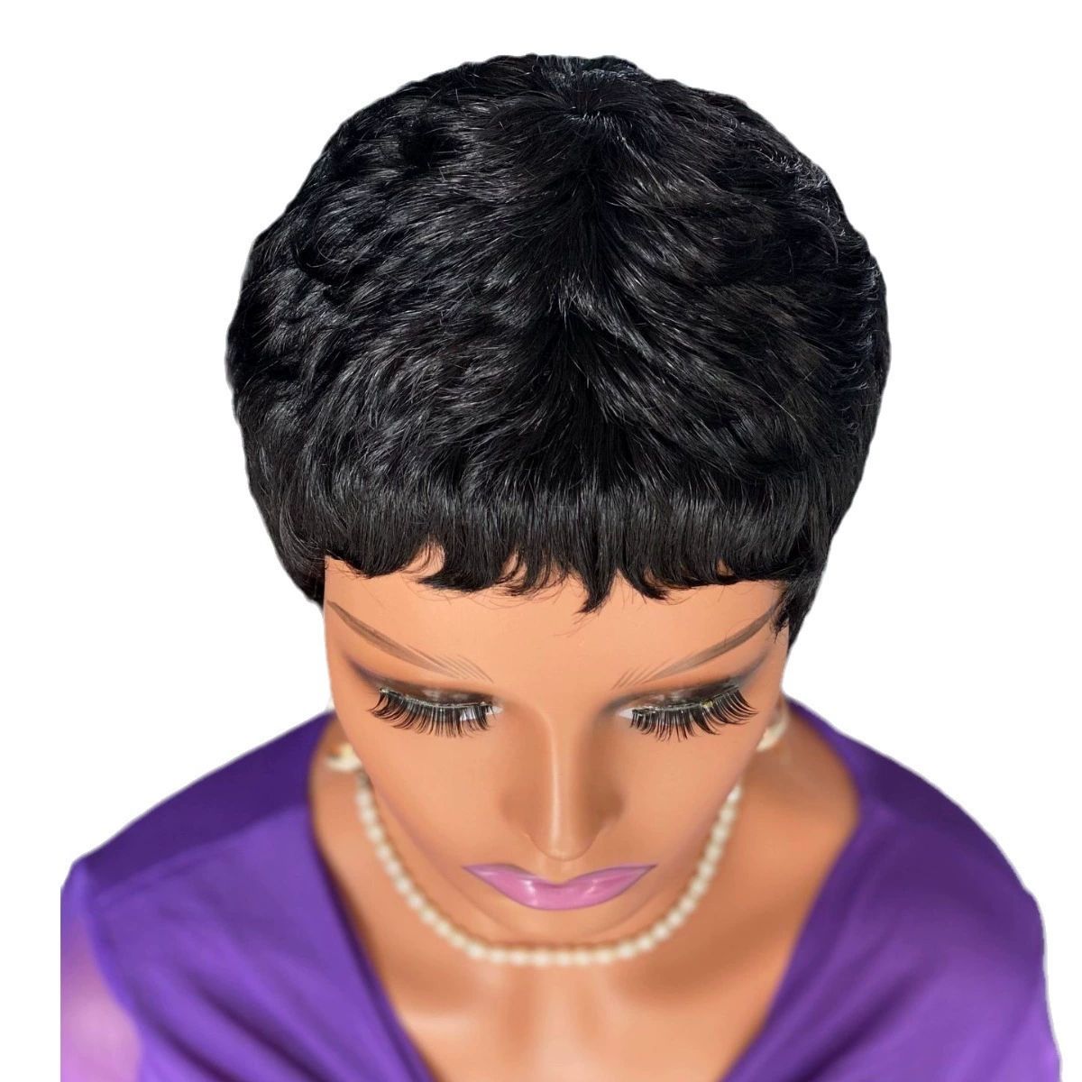 Pixie Cut Wig Human Hair Wigs Human Hair Wig with Bangs Natural Short Black Wig Layered Wavy Different Style Short Wigs for Black Women (1B#)