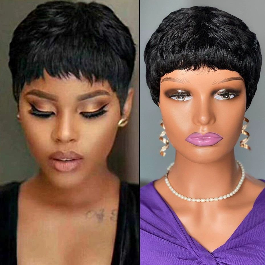 Pixie Cut Wig Human Hair Wigs Human Hair Wig with Bangs Natural Short Black Wig Layered Wavy Different Style Short Wigs for Black Women (1B#)