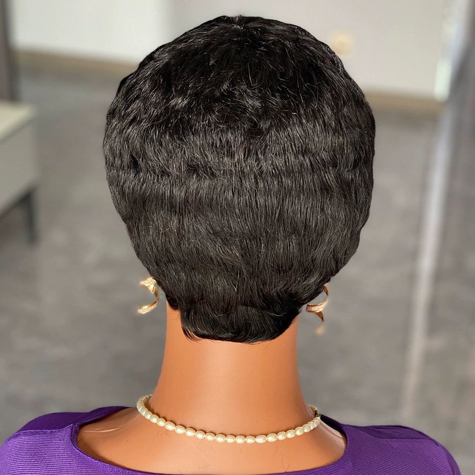 Pixie Cut Wig Human Hair Wigs Human Hair Wig with Bangs Natural Short Black Wig Layered Wavy Different Style Short Wigs for Black Women (1B#)