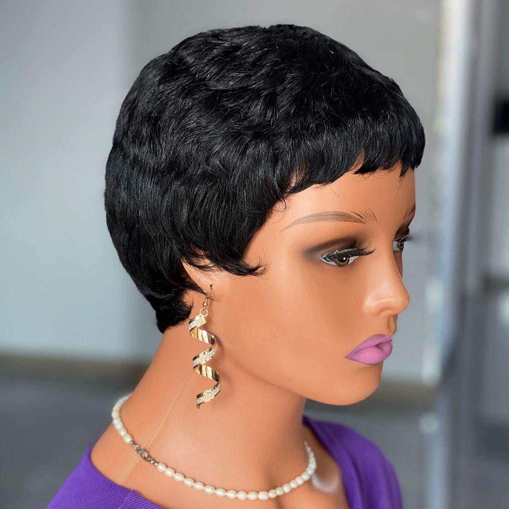 Pixie Cut Wig Human Hair Wigs Human Hair Wig with Bangs Natural Short Black Wig Layered Wavy Different Style Short Wigs for Black Women (1B#)