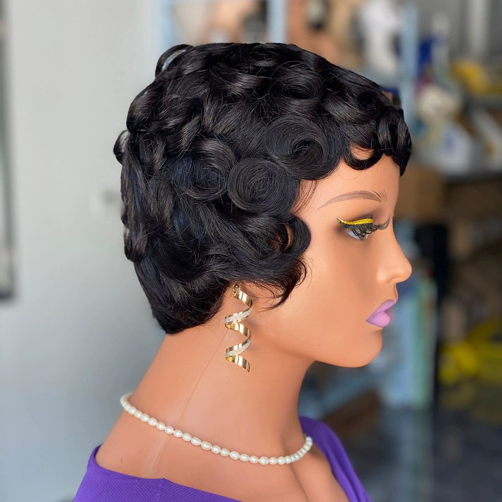 Pixie Cut Wigs for Black Women Brazilian Virgin Curly Wave Human Hair Short Layered Pixie Cut Curly Wigs With Bangs Natural Black Color for Daily Use