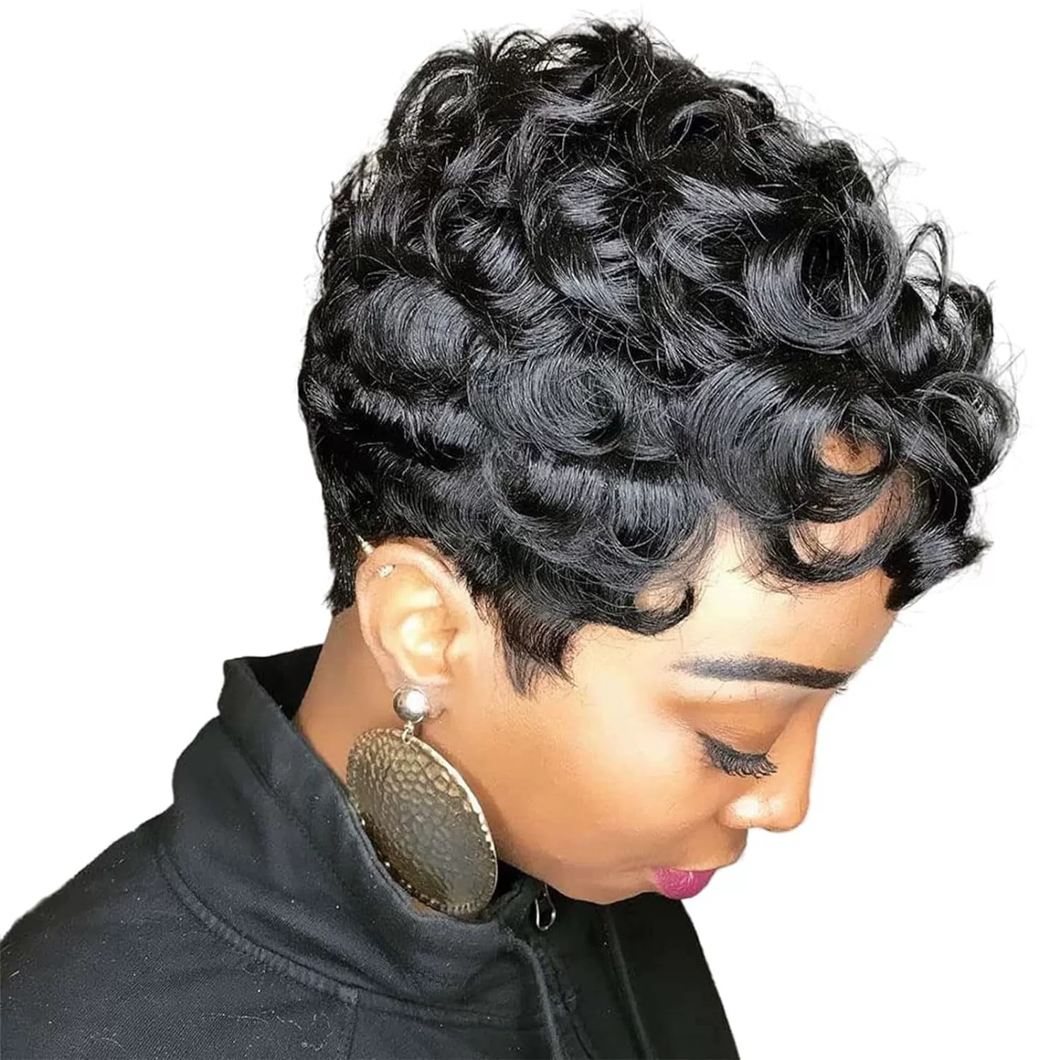 Pixie Cut Wigs for Black Women Brazilian Virgin Curly Wave Human Hair Short Layered Pixie Cut Curly Wigs With Bangs Natural Black Color for Daily Use