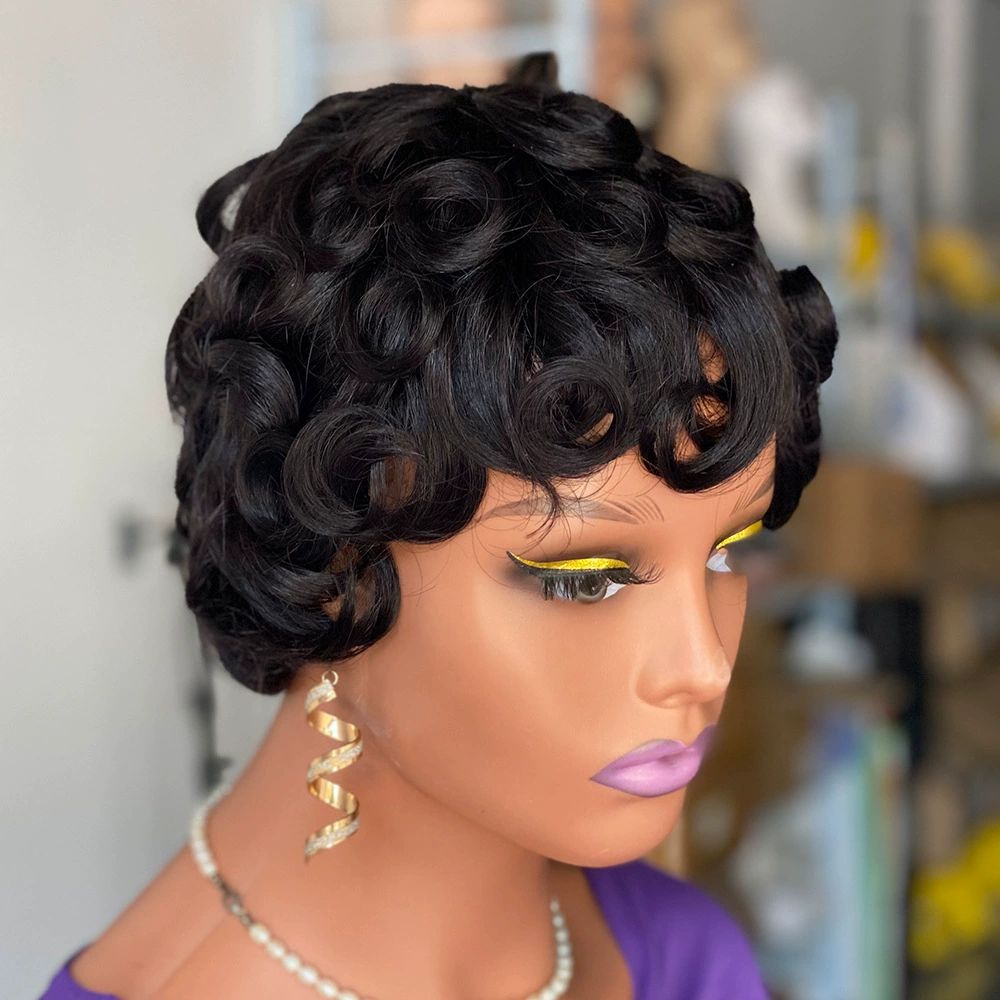 Pixie Cut Wigs for Black Women Brazilian Virgin Curly Wave Human Hair Short Layered Pixie Cut Curly Wigs With Bangs Natural Black Color for Daily Use