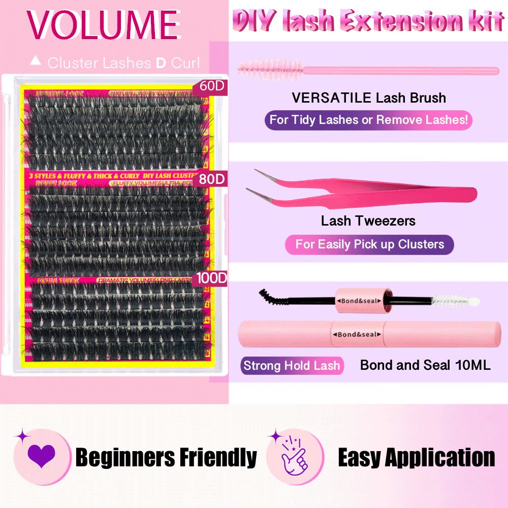 Lash Clusters Kit 320 Pcs DIY Individual Cluster Lashes D Curl Lash Extension Kit with Eyelash Bond and Seal, Remover, Tweezers Applicator Tool for False Eyelash Cluster Kit(80D, Mix10-18mm Kit)
