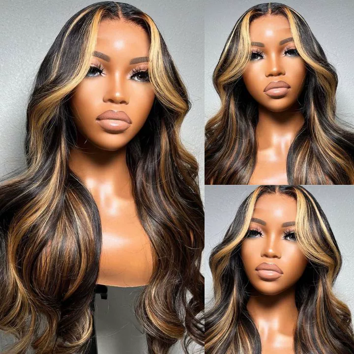 Honey Blonde Ombre Lace Front Wig  Hair Highlight Body Wave Lace Front Wigs 200 Density Glueless Wig 13X6 HD Lace Frontal Wig for WomenColored 28 Inch