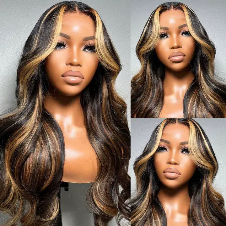 Honey Blonde Ombre Lace Front Wig  Hair Highlight Body Wave Lace Front Wigs 200 Density Glueless Wig 13X6 HD Lace Frontal Wig for WomenColored 28 Inch