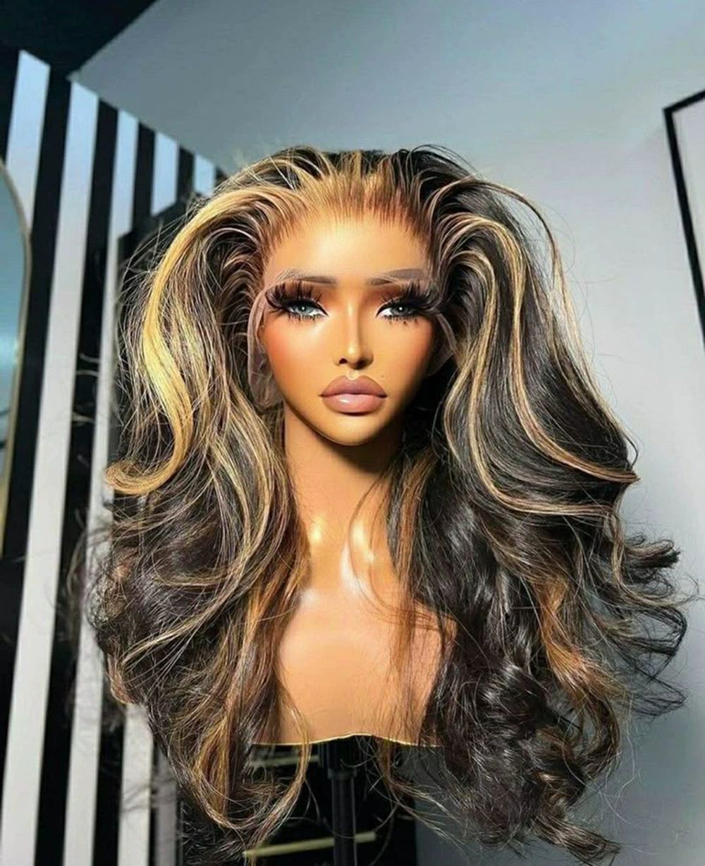 Honey Blonde Ombre Lace Front Wig  Hair Highlight Body Wave Lace Front Wigs 200 Density Glueless Wig 13X6 HD Lace Frontal Wig for WomenColored 28 Inch
