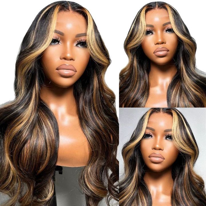 Honey Blonde Ombre Lace Front Wig  Hair Highlight Body Wave Lace Front Wigs 200 Density Glueless Wig 13X6 HD Lace Frontal Wig for WomenColored 28 Inch