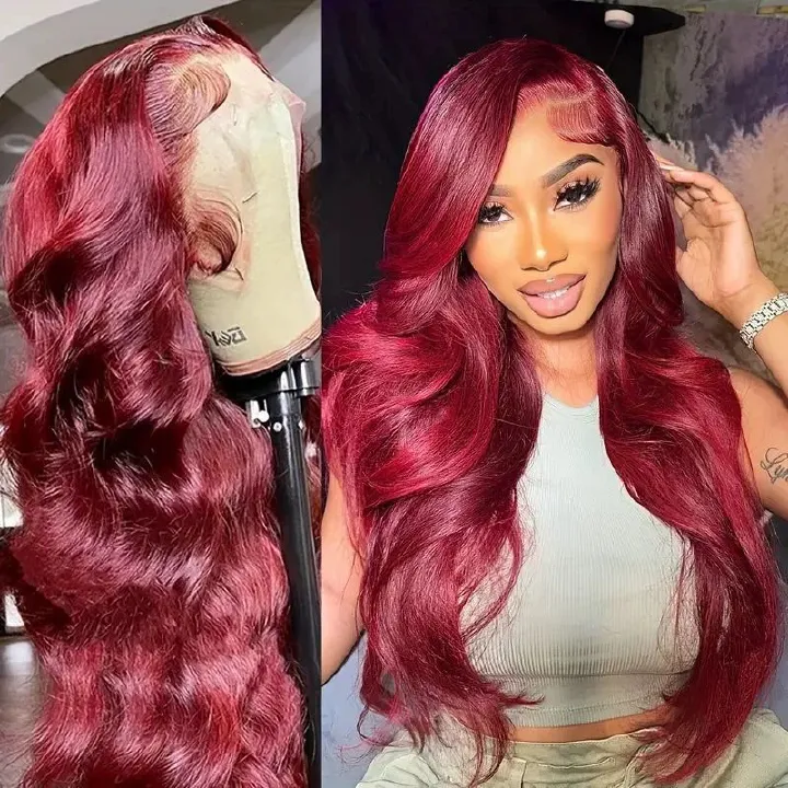 99j Burgundy Wig Glueless Long Wavy Red Wigs for Women 28 Inch Curly Wig Side Part Wine Red Colored Wigs for Daily PartyUse