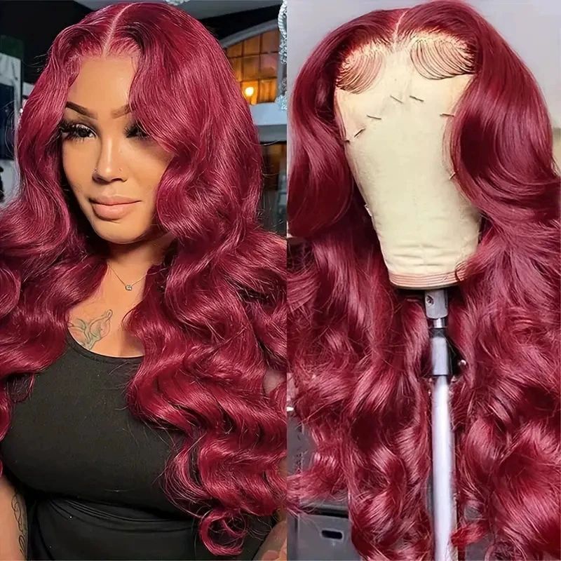 99j Burgundy Wig Glueless Long Wavy Red Wigs for Women 28 Inch Curly Wig Side Part Wine Red Colored Wigs for Daily PartyUse