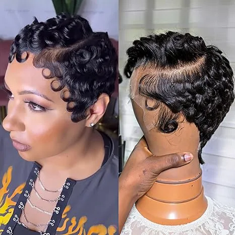 Pixie Cut Lace Front Human Hair Wigs 13x4x1 Lace Frontal Wigs Chic Elegent Short Curly Wigs Pixie Cut Curly Wig For Black Women 150% Density Natural Black Color
