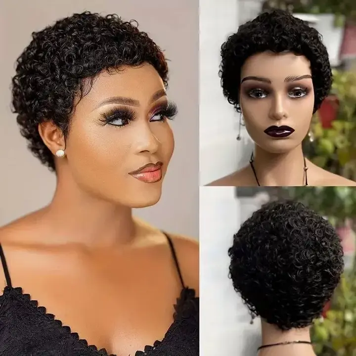 Glueless Wear and Go Wig Short Human Hair Wigs for Black Women Curly Wig with Bangs Brazilian Virgin Full Machine Made Wig Natural Black None Lace Frontal Wigs for Daily Use (Natural Black)