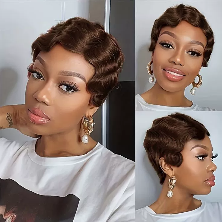 Retro Finger Wave Human Hair Wigs Short Pixie Curls Natural Black Glueless Cap Lightweight for Black Women Daily Use (Dark Brown)