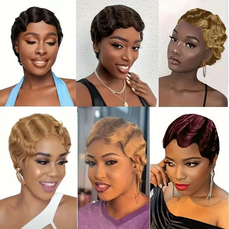Retro Finger Wave Human Hair Wigs Short Pixie Curls Natural Black Glueless Cap Lightweight for Black Women Daily Use (Dark Brown)