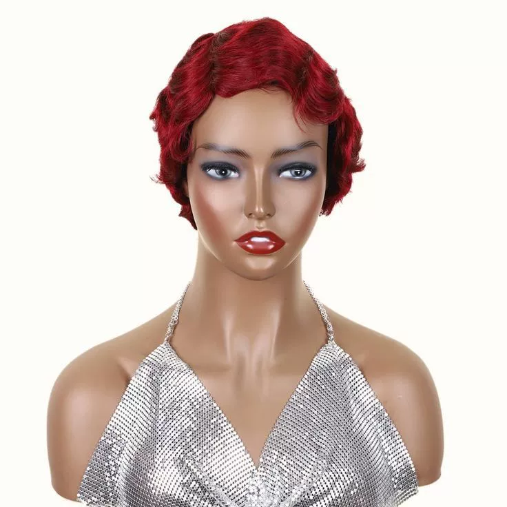 Retro Finger Wave Human Hair Wigs Short Pixie Curls Natural Black Glueless Cap Lightweight for Black Women Daily Use (Dark Brown)