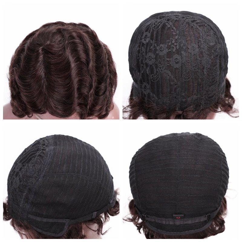 Retro Finger Wave Human Hair Wigs Short Pixie Curls Natural Black Glueless Cap Lightweight for Black Women Daily Use (Dark Brown)