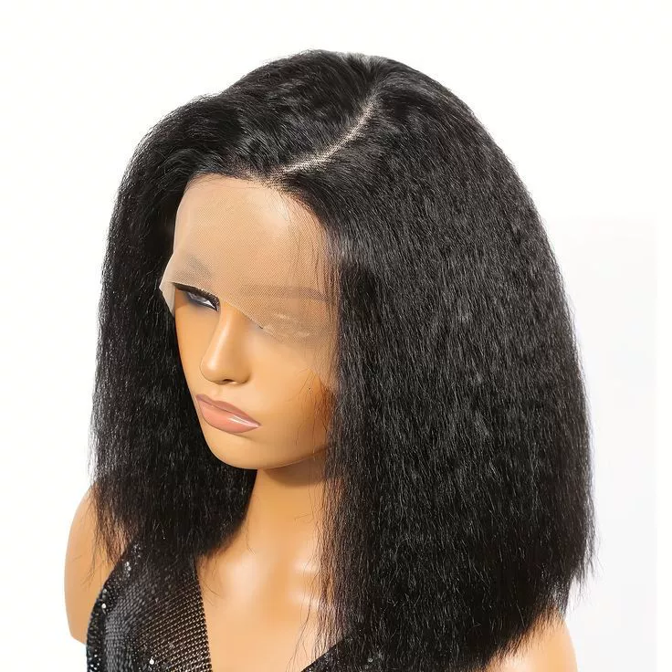 13x4 HD Lace Glueless Bob Wig Classic Yaki Human Hair Kinky Straight Hair Ready to Wear and Go Short Bob Lace Pre Cut Pre Plucked for Women Natural Black Color Hair 12 Inch