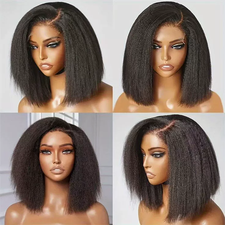 13x4 HD Lace Glueless Bob Wig Classic Yaki Human Hair Kinky Straight Hair Ready to Wear and Go Short Bob Lace Pre Cut Pre Plucked for Women Natural Black Color Hair 12 Inch