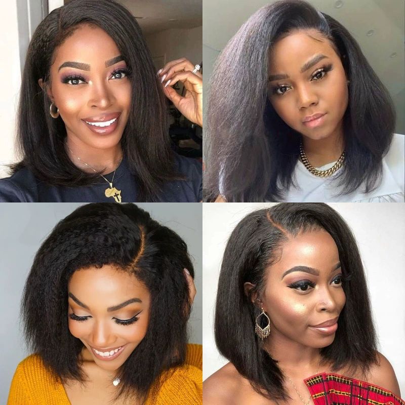 13x4 HD Lace Glueless Bob Wig Classic Yaki Human Hair Kinky Straight Hair Ready to Wear and Go Short Bob Lace Pre Cut Pre Plucked for Women Natural Black Color Hair 12 Inch