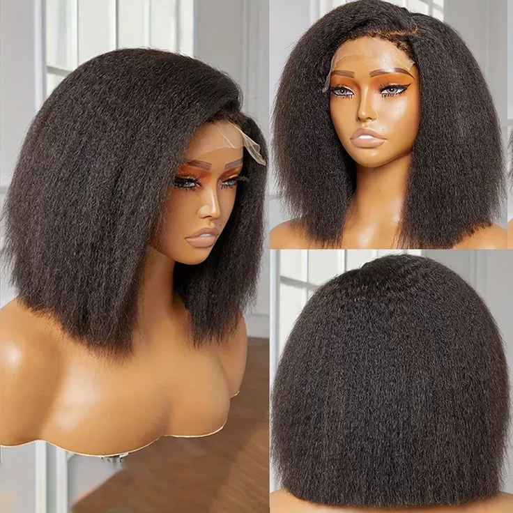 13x4 HD Lace Glueless Bob Wig Classic Yaki Human Hair Kinky Straight Hair Ready to Wear and Go Short Bob Lace Pre Cut Pre Plucked for Women Natural Black Color Hair 12 Inch