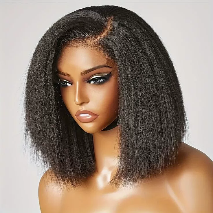 13x4 HD Lace Glueless Bob Wig Classic Yaki Human Hair Kinky Straight Hair Ready to Wear and Go Short Bob Lace Pre Cut Pre Plucked for Women Natural Black Color Hair 12 Inch