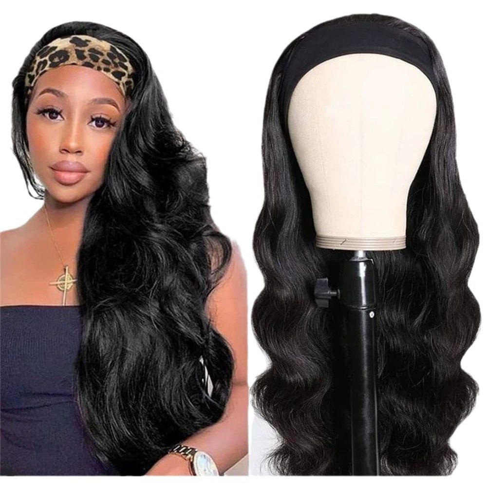 Headband Wig Human Hair Straight Virgin Brazilian Machine Made Wigs None Lace Front Wigs Glueless Human Hair Wig for Black Women Natural Color 16 Inch